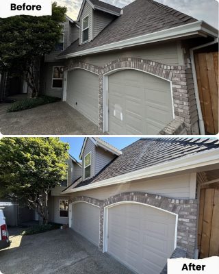 Before and after photos of a garage in Portland show painting by Pearl Painters, with cleaner walls and improved pavement.