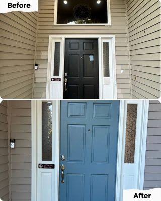 Black front door before painting by Pearl Painters; after: blue door with new hardware, cleaner look. Portland location.
