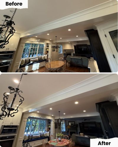 Before and after of kitchen and living area painted by Pearl Painters in Portland; new cabinet painting, decor, light fixture.