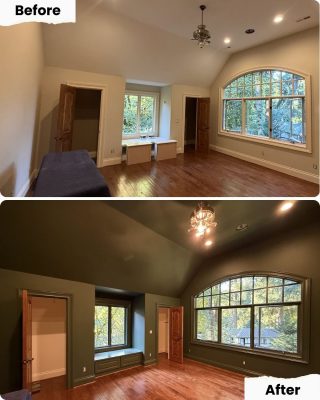 Before and after photos of Pearl Painters painting a Portland room from beige to dark green, including trim and bench.