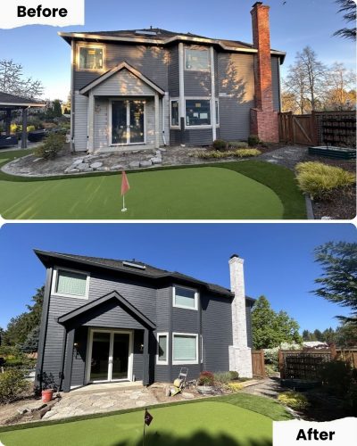Before and after photos of a house in Portland show new exterior paint by Pearl Painters, including a freshly painted chimney.