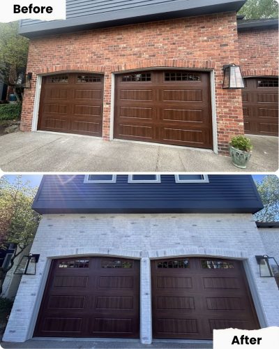 Before and after photos of Portland house with red brick exterior painted white by Pearl Painters; garage doors, lights unchanged.