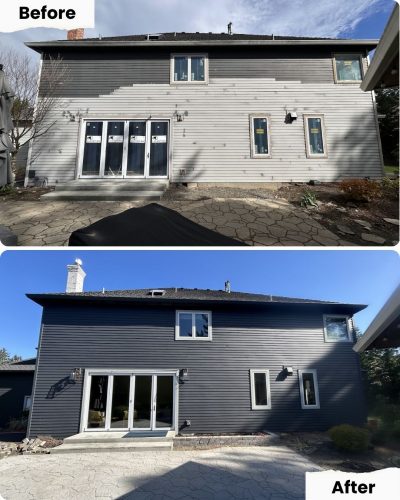 Before and after photos of house exterior in Portland; Pearl Painters painted siding from light gray to dark gray. Little landscaping change.