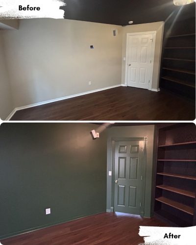 Before and after photos of a Portland room painted by Pearl Painters: beige to dark green walls and door, new shelves on right.