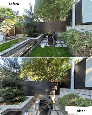 Before and after photos of a backyard in Portland, showing fence removal and more greenery, prepared for painting by Pearl Painters.