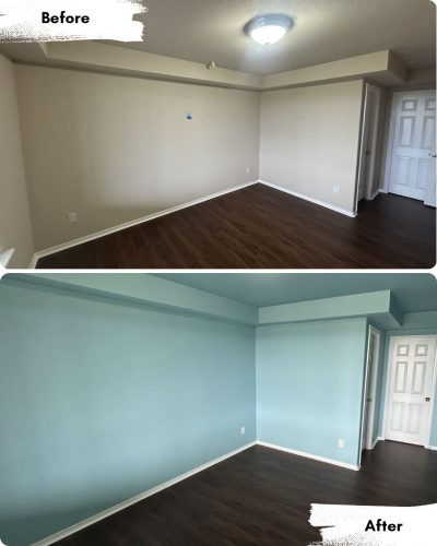 Before and after photos of a room in Portland, painted by Pearl Painters: beige to light blue walls, dark wood floors, white trim.