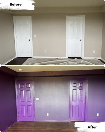 Before: tan wall, white doors. After: painter from Pearl Painters in Portland painted walls and doors in shades of purple.