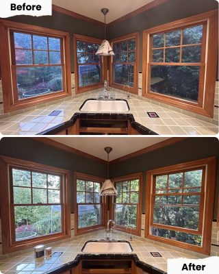 Before and after of a painter’s kitchen sink area; Pearl Painters removed window grids for a clear view in Portland.