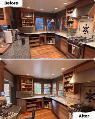 Before-and-after kitchen comparison; tidier counters, minor item shifts, layout unchanged. Painter: Pearl Painters, Portland.