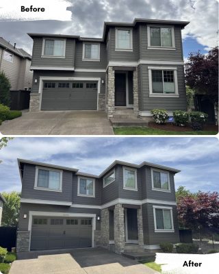 Before and after photos of a house; the after photo shows Pearl Painters in Portland updated the exterior with darker paint and improved landscaping.