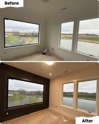 Before and after photos show Pearl Painters painting a white wall dark brown by a corner window; Portland room, floor and lights unchanged.