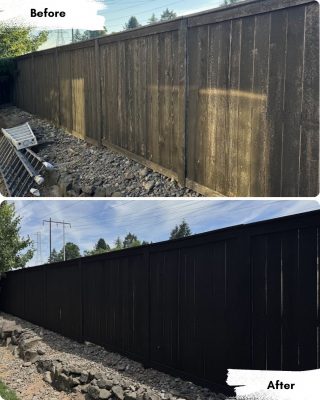 Two images of a wooden fence in Portland: the top shows it weathered and stained, the bottom freshly painted black by Pearl Painters.