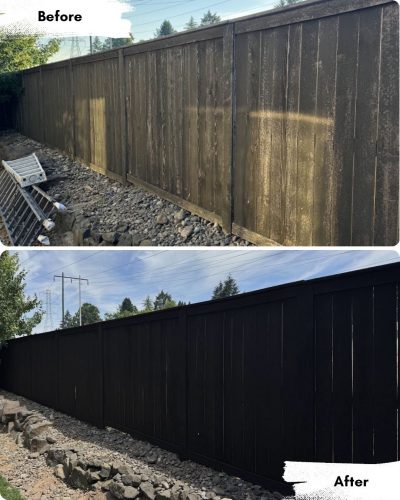 Two images of a wooden fence in Portland: the top shows it weathered and stained, the bottom freshly painted black by Pearl Painters.