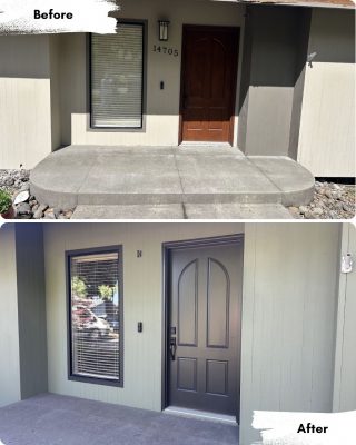 Painter updated a brown wood door and unpainted trim by painting the door and hardware black with matching painted trim and step for a modernized look; work done in Portland by Pearl Painters.