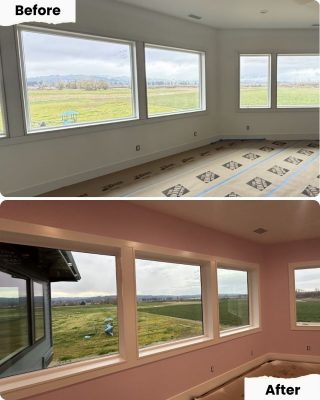 Pearl Painters painting in Portland: Room changes from two large to four small windows; walls painted pink, floor uncovered.