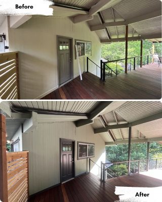 Before: Door and window missing trim; After: Pearl Painters completed trim and painting around door and window, finishing the porch in Portland.