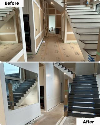 Before: unfinished staircase and walls; after: painting by Pearl Painters in Portland, with white stairs and paneled walls.