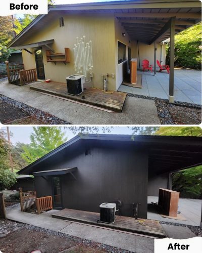 Before-and-after of house exterior painted by Pearl Painters in Portland; siding changes from beige to dark gray, fixtures updated.