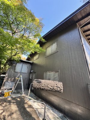 A painter is painting a house dark brown in Portland; Pearl Painters’ supplies, ladder, and covered windows are visible.