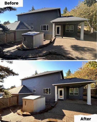 Before and after photos of a backyard in Portland, with garden bed removed and patio cleaned by Pearl Painters.