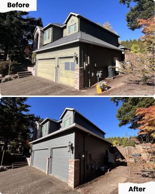 Before and after photos: garage repainted from faded to uniform grey by Pearl Painters, a Portland painting company.
