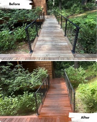 Before and after images show a wooden walkway with black railings; Pearl Painters in Portland refinished the faded wood, making it look freshly stained and darker.