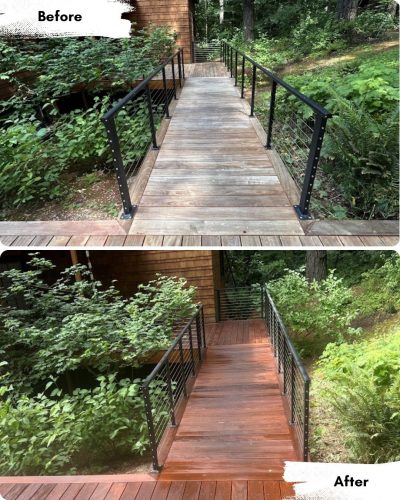 Before and after images show a wooden walkway with black railings; Pearl Painters in Portland refinished the faded wood, making it look freshly stained and darker.
