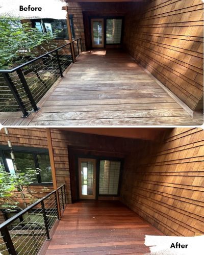 Before-and-after photos of a covered wooden walkway in Portland show faded boards restored to a darker color by Pearl Painters.