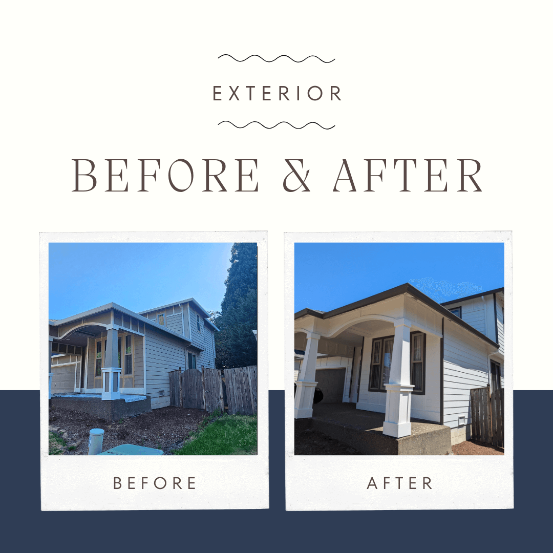 Side-by-side images of a house exterior before and after renovation in Rock Creek area of Clackamas.