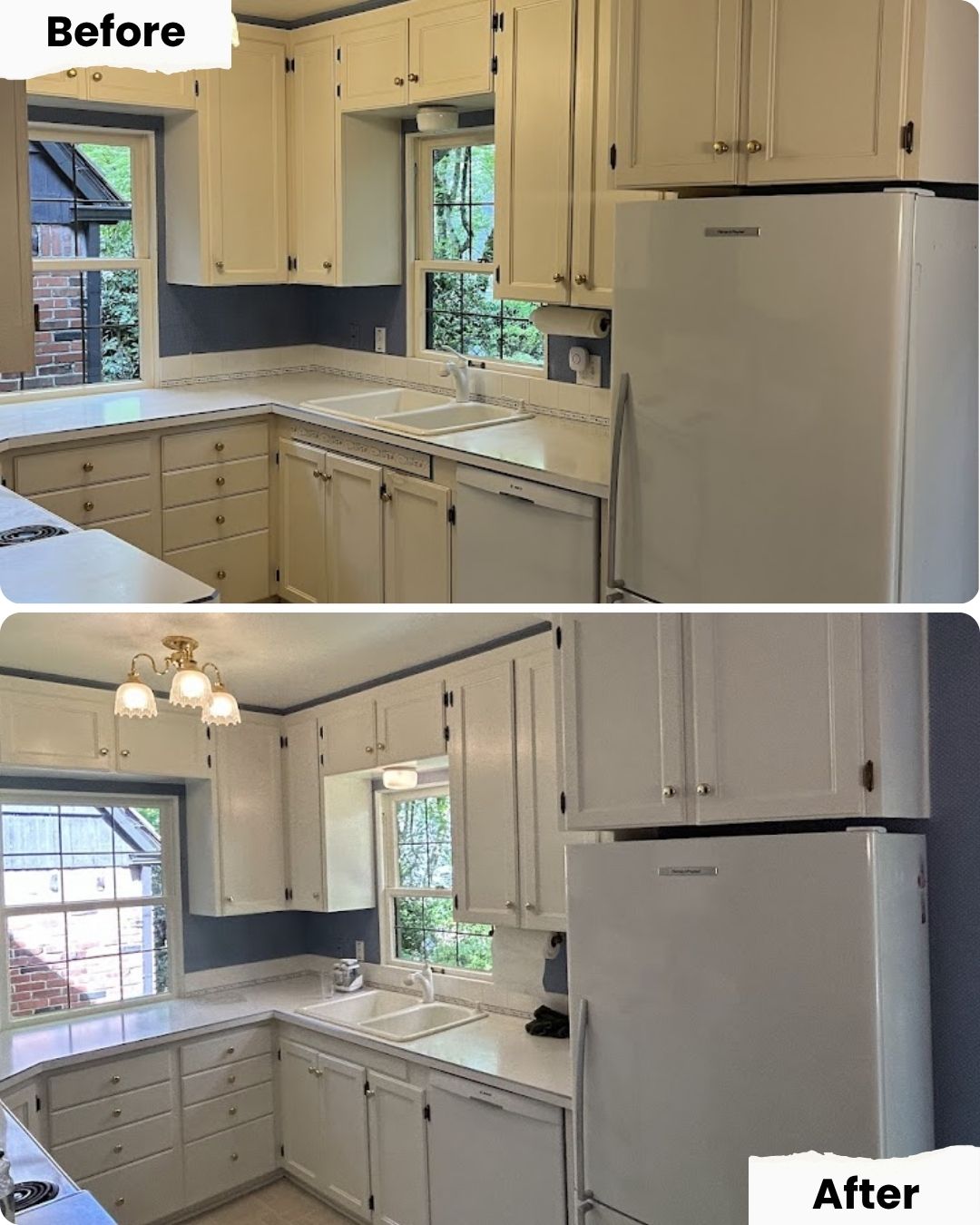 Before and after images of kitchen cabinets painted white by Pearl Painters in Portland; new hardware and light fixture shown.