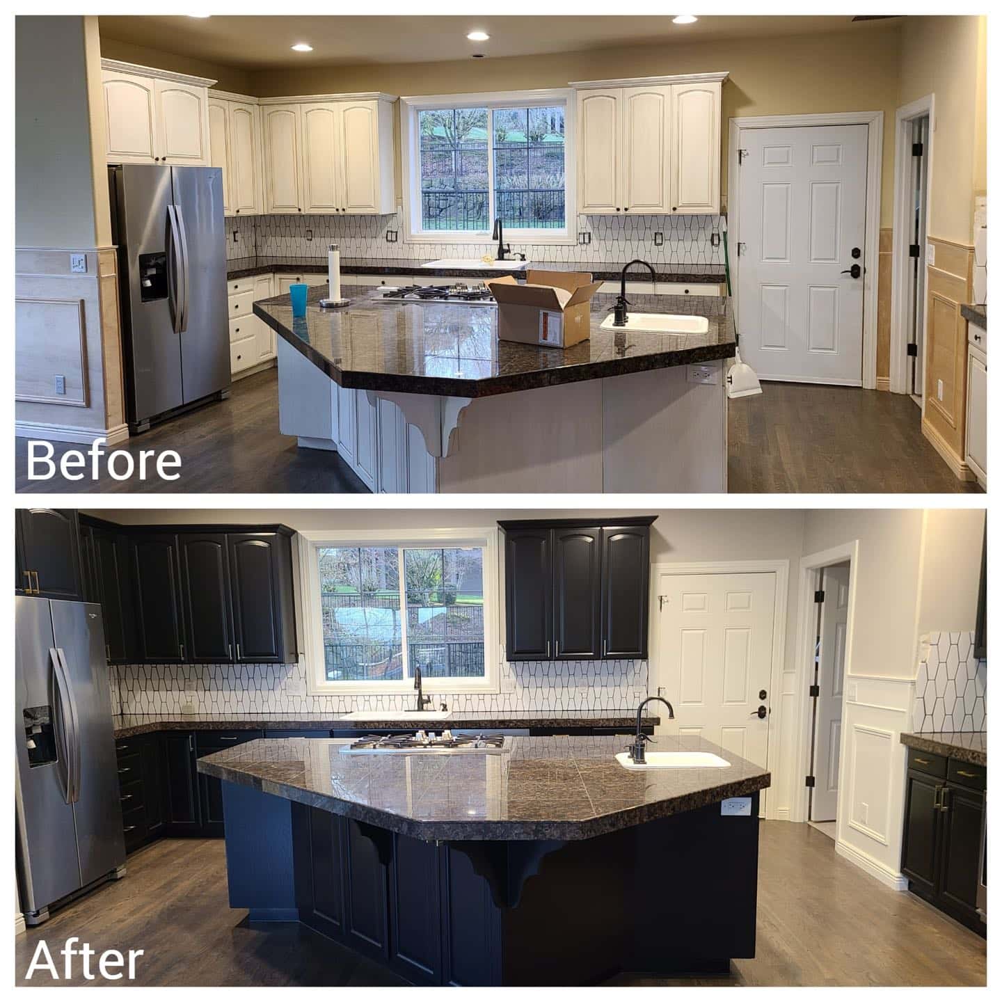 Modern kitchen cabinet transformation in Tigard - before and after pictures of a kitchen with black cabinets.