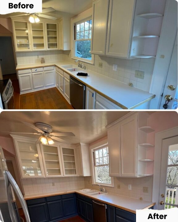 Before and after images show Pearl Painters in Portland repainting kitchen cabinets dark blue and adding new backsplash tiles.