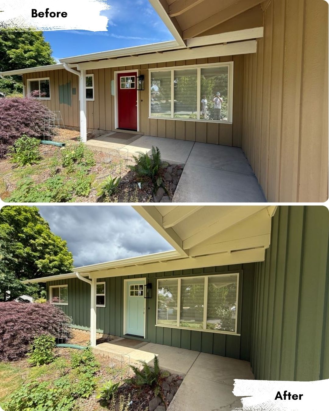 Before-and-after photos of a house repainted by Pearl Painters in Portland: siding changes from beige to green, front door from red to light blue.