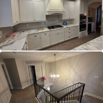 Kitchen with white cabinets, marble counters; hallway with carpet, metal railing. Painted by Pearl Painters, Portland painter.