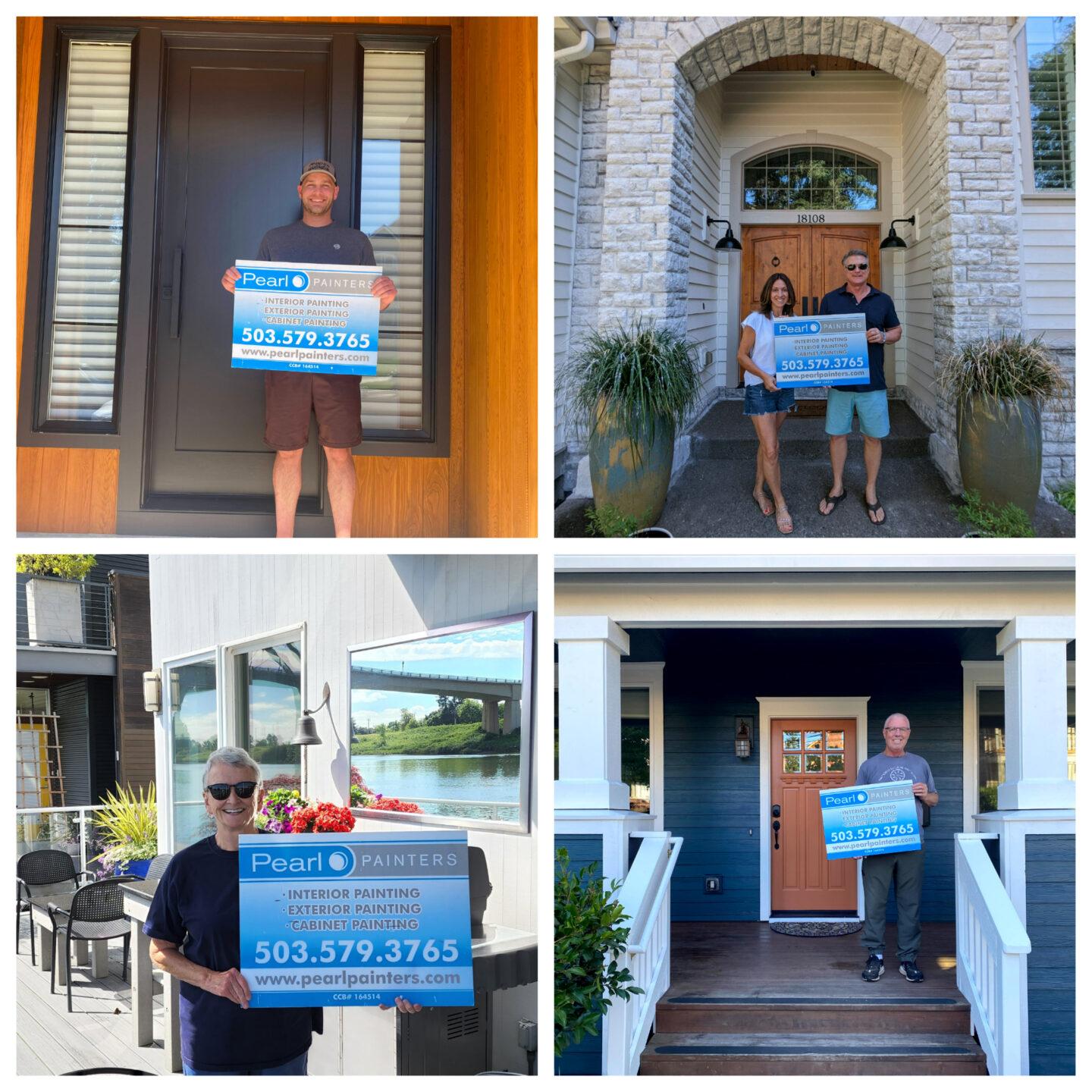 A group of people holding signs spot in front of their house.