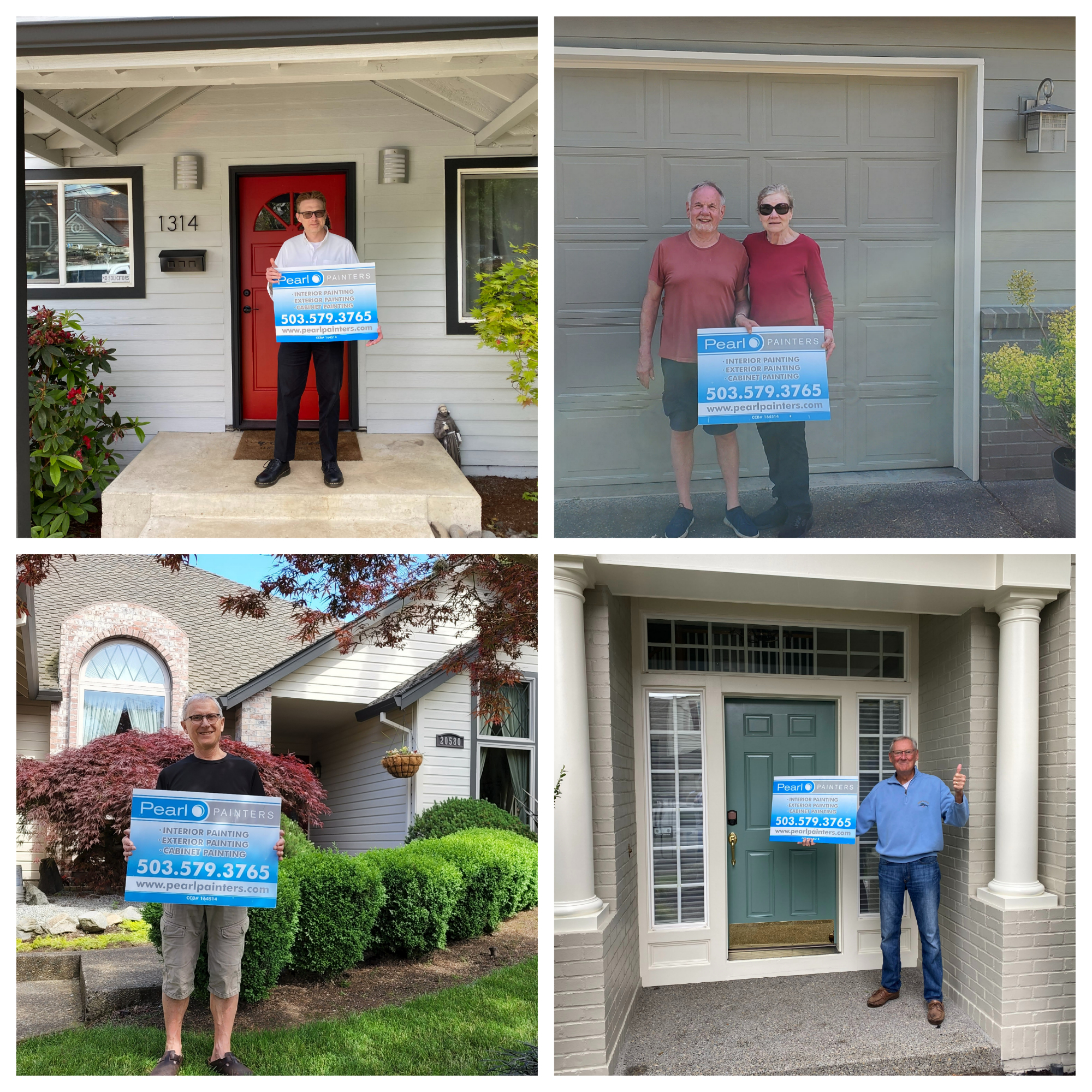 Four people holding signs in front of a secure house.