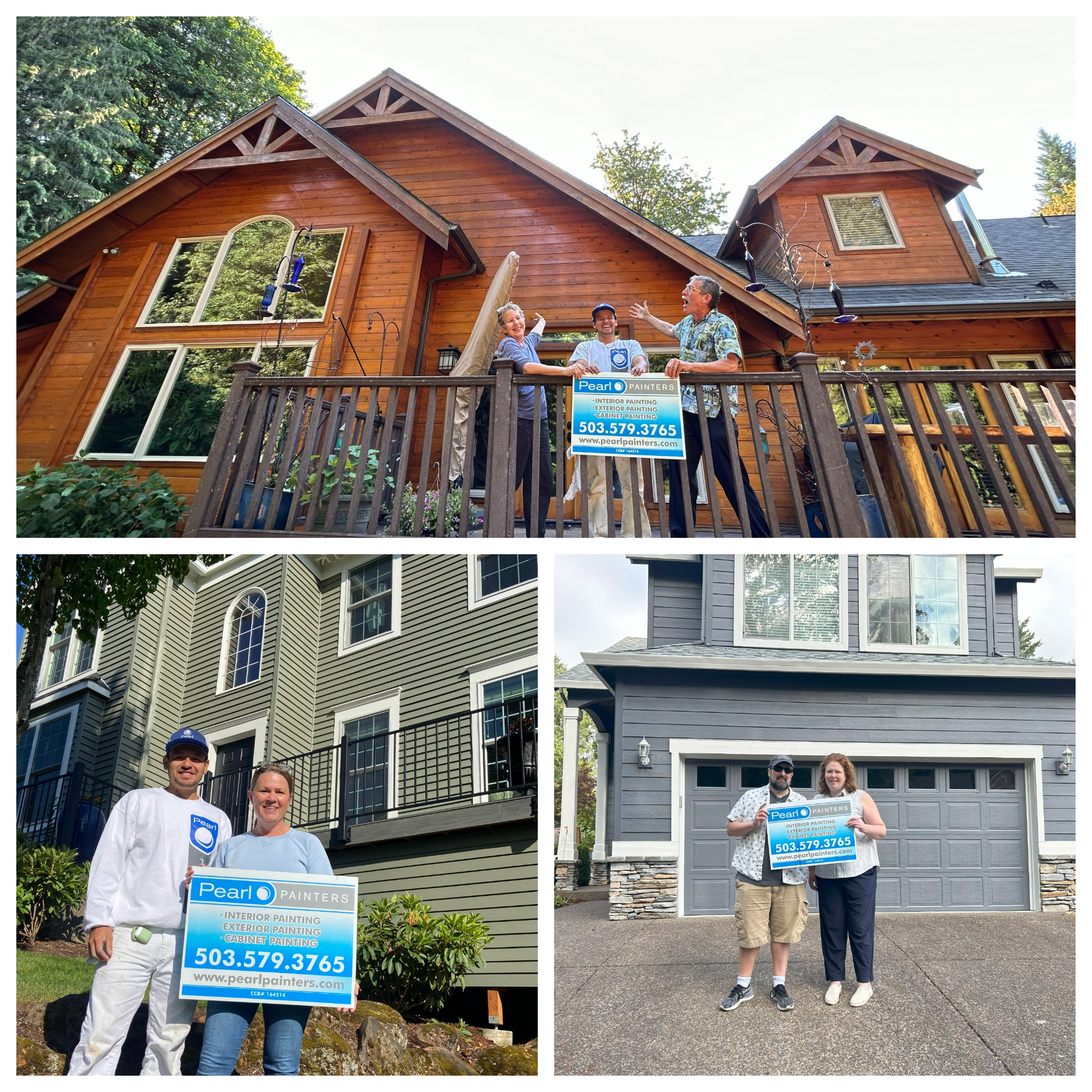 Collage of photos of satisfied Pearl Painters customers after their home exteriors were repainted