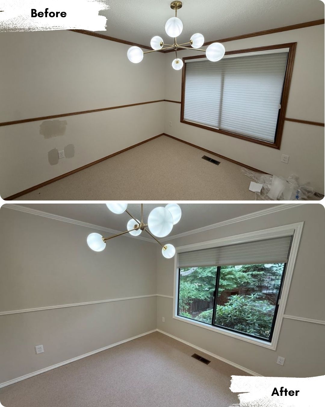 Split image shows a room before and after renovation by Pearl Painters in Portland, with fresh painting, new window, and better lighting.