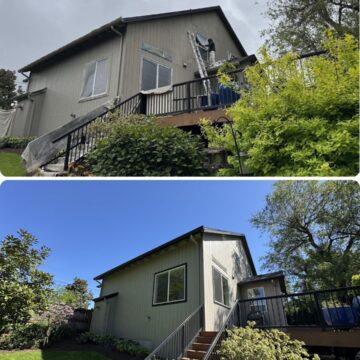Before and after of a house in Portland; painter from Pearl Painters painting, then finished exterior under clear skies.