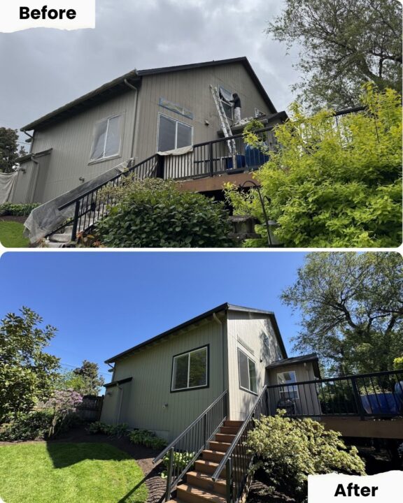Before and after of a house in Portland; painter from Pearl Painters painting, then finished exterior under clear skies.