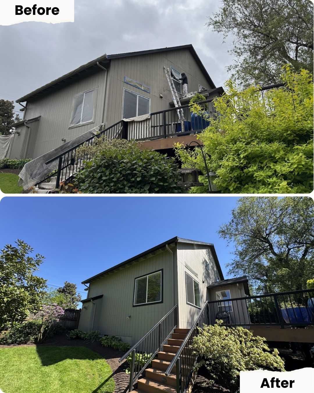 Before and after of a house in Portland; painter from Pearl Painters painting, then finished exterior under clear skies.