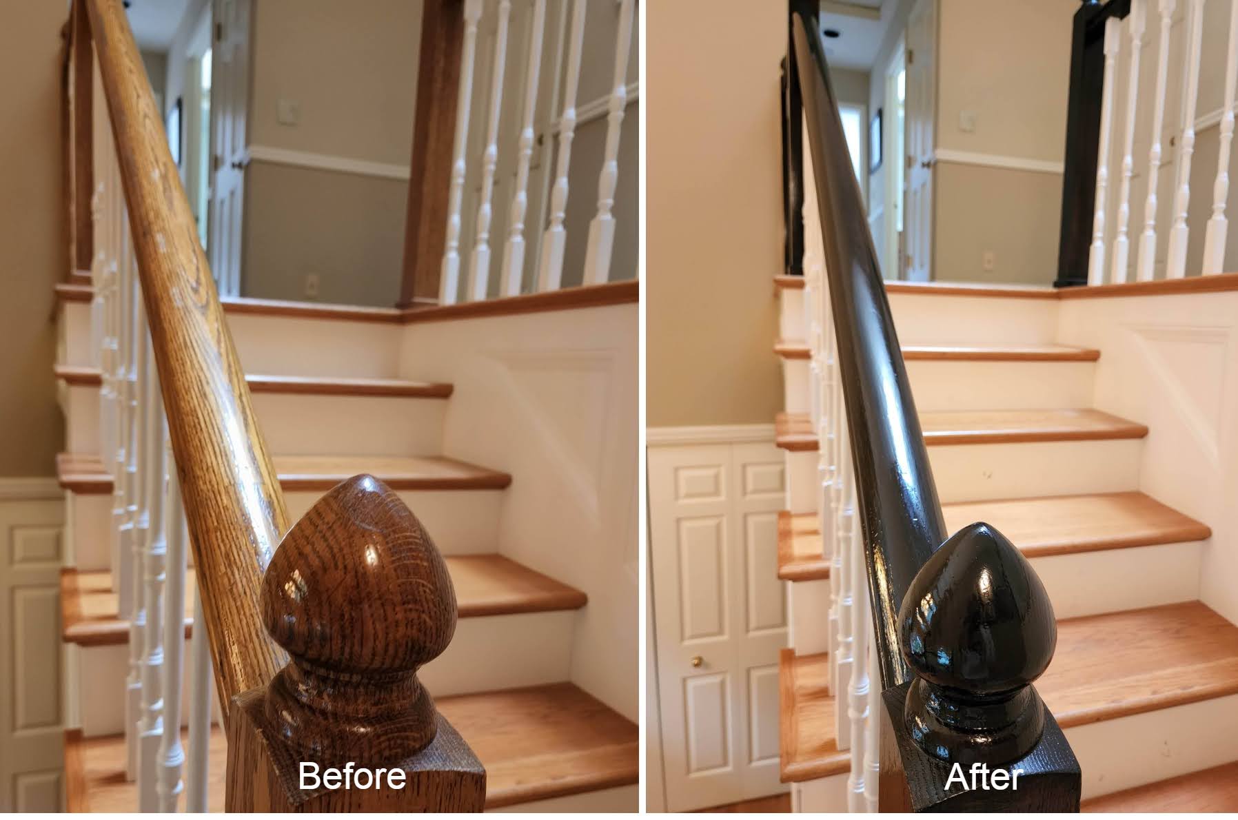 Two pictures of a stair railing before and after staining.