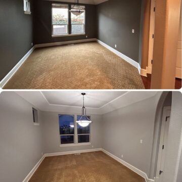 Before and after by Pearl Painters in Portland: painter changed walls from dark gray to light gray; carpet and lighting unchanged.