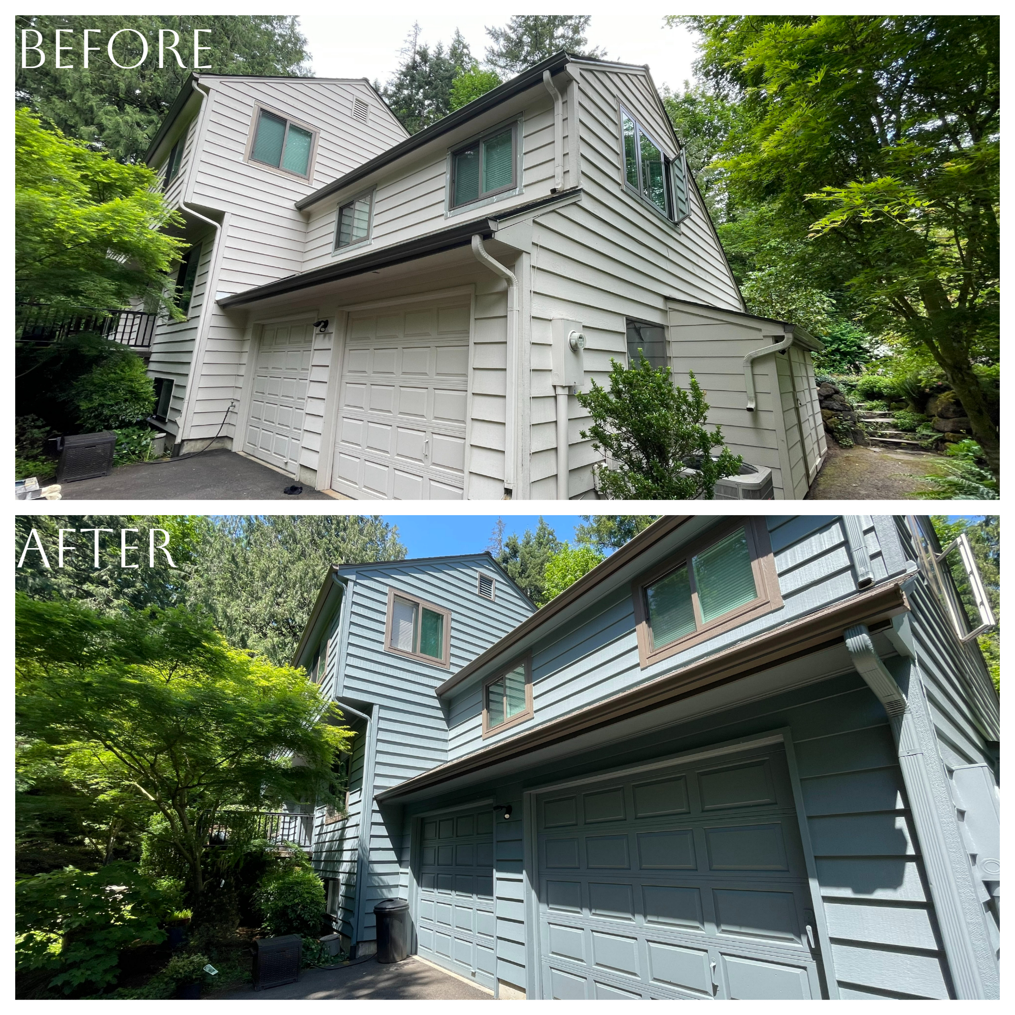 Two pictures of a house before and after its exterior paint job.