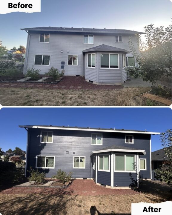 Before and after photos of a house in Portland; Pearl Painters painted the siding from light gray to dark blue.
