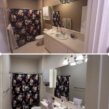 Pearl Painters' before and after photos of a Portland bathroom show walls painted from beige to white; all else unchanged.