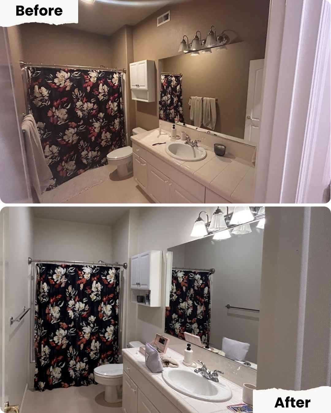 Pearl Painters' before and after photos of a Portland bathroom show walls painted from beige to white; all else unchanged.