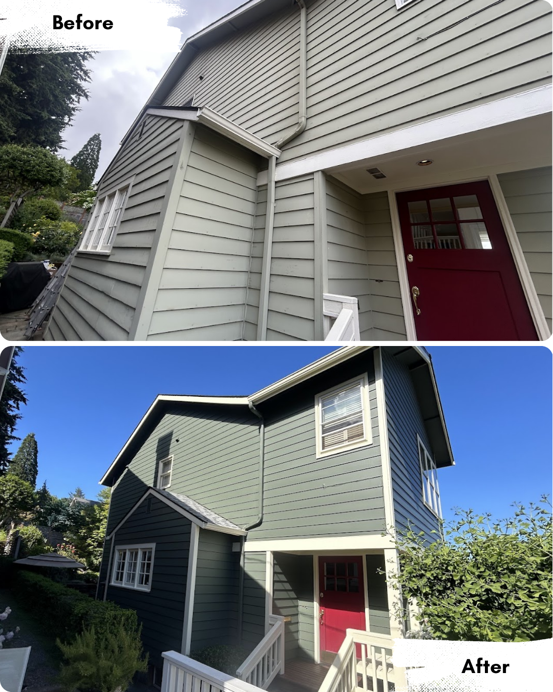 Before and after photos show a house in Portland with green siding freshly painted by Pearl Painters, captured under brighter sunlight.