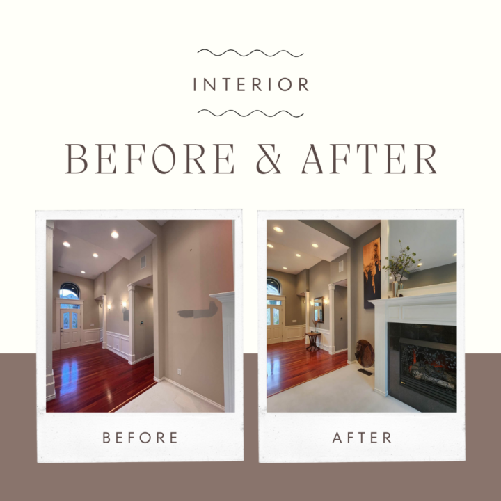 Before and after images of a home interior renovation showing a hallway and living area with updated decor and lighting.