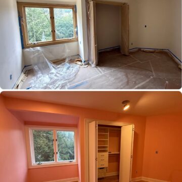 Before: bare walls, floor covering; after Pearl Painters in Portland painted pink walls, hardwood floor, and finished closet.